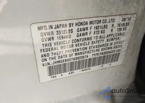 2010 Honda Fit from USA, damaged, VIN JHMGE8H27AS023574